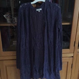long purple cardigan, around knee length